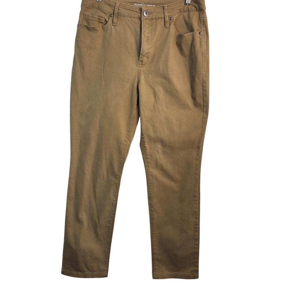 Style & Co Womens Size 10 Tan Khaki Straight Leg Pants Stretch Mid Rise Casual